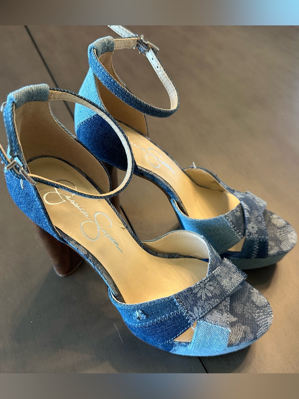 Jessica Simpson Blue Patchwork Denim Platform Heels - Picture 2 of 13